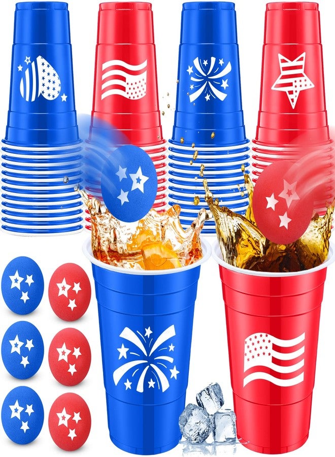 Seenelling 32 Pack Red White Blue Party Game Set 24 Pcs 16 oz 4th of July Plastic Cups and 8 Pcs 1.5in Balls for 250th Anniversary Memorial Day Independence Veterans Day Party Supplies Favors - Image 1