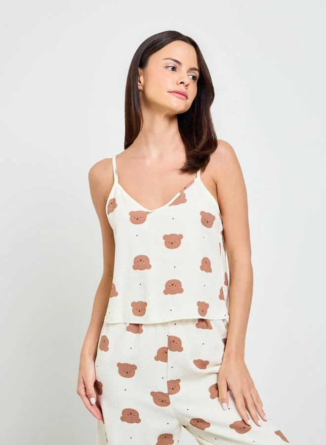 تايك تو Cream Teddy Print Cami And Pyjama Set
