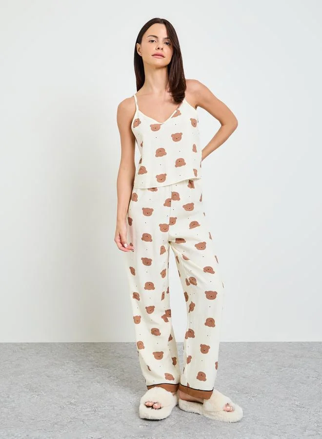 تايك تو Cream Teddy Print Cami And Pyjama Set
