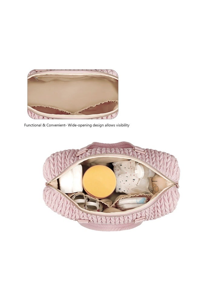 Quilted Diaper Bag for Mom, Large Capacity 2-in-1 Insulated Mommy Bag with Accessories Pouch, Waterproof Travel Tote Shoulder Crossbody Bag for Baby Care, Stylish Diaper Bag for Women(Pink) - Image 4