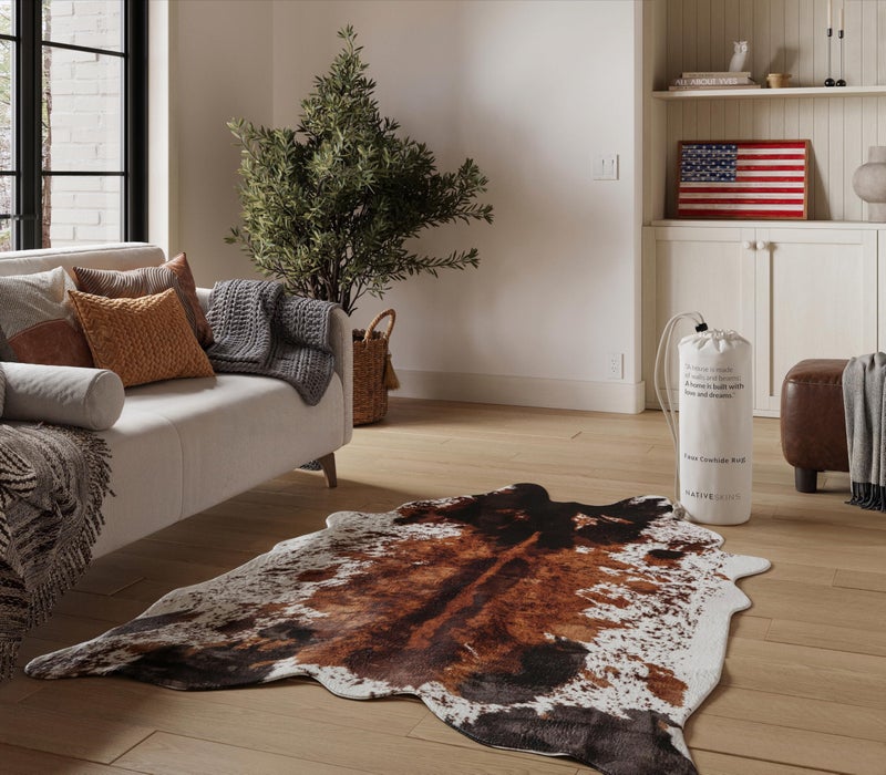 NativeSkins Faux Cowhide Rug 6'3" x 8'2" â€“ Brown Cow Print Area Rug for Living Room & Bedroom â€“ Non-Shedding, Flat-Lay, Pet-Friendly â€“ Faux Suede Grip Backing â€“ Vegan Western Farmhouse Decor - Image 1