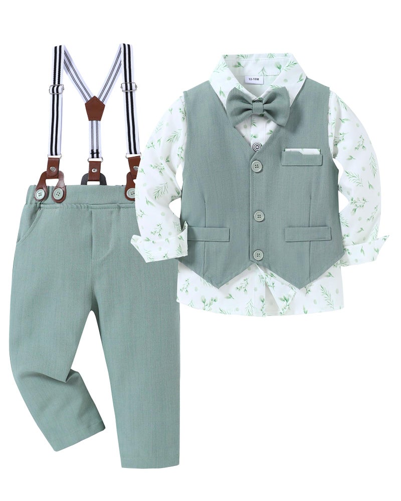 Nilikastta Grass Green Toddler Linen Outfit Suspenders Bow Tie Set Perfect for Boys 1218 Months Ideal for Family Parties