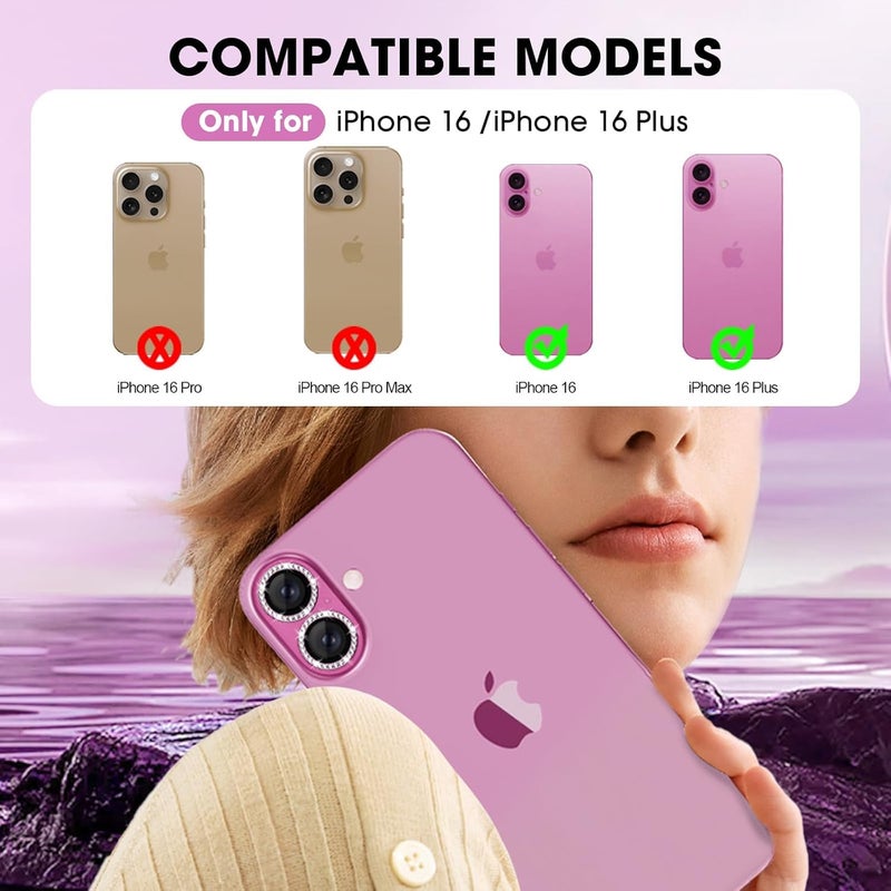 CLITZ for iPhone 16/16 Plus Camera Lens Protector Bling Individual Metal Diamond Ring 9H Hardness Scratchproof Protector, Stylish Phone Accessories, Case Friendly (Pink Diamond) - Image 5