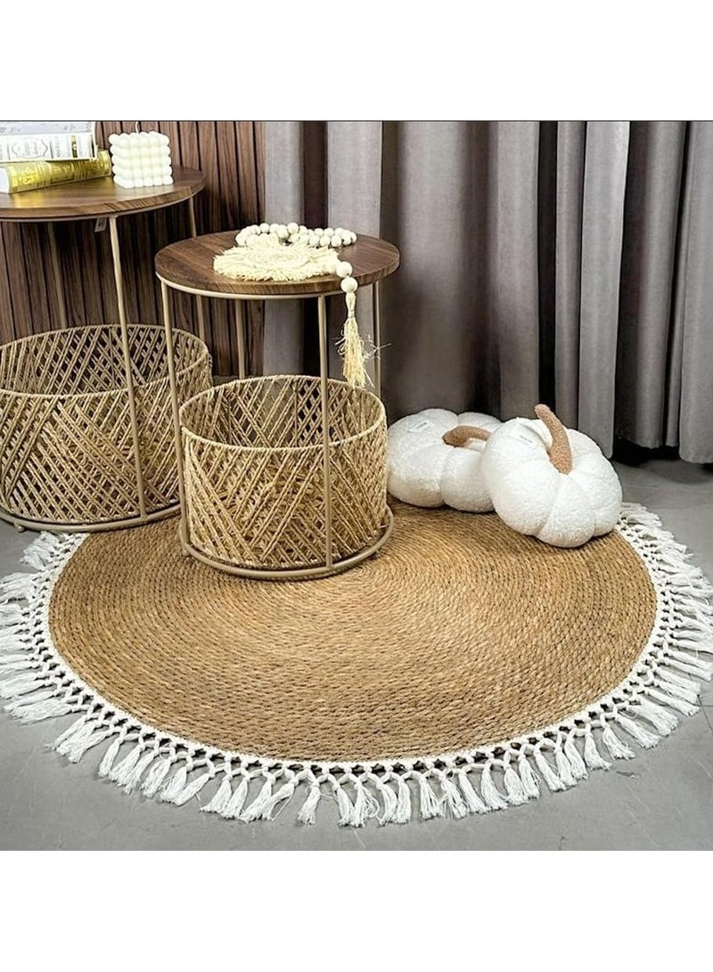 LINGWEI Natural Area Round Jute Rug with White Fabric Trim – Hand-Braided Reversible Beige Area Carpet – Natural Boho Farmhouse Décor for Living Room, Bedroom, and Kitchen - Image 5