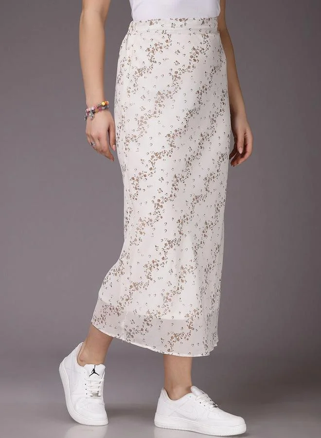 Freehand White Fitted Ditsy Printed Midi Skirt