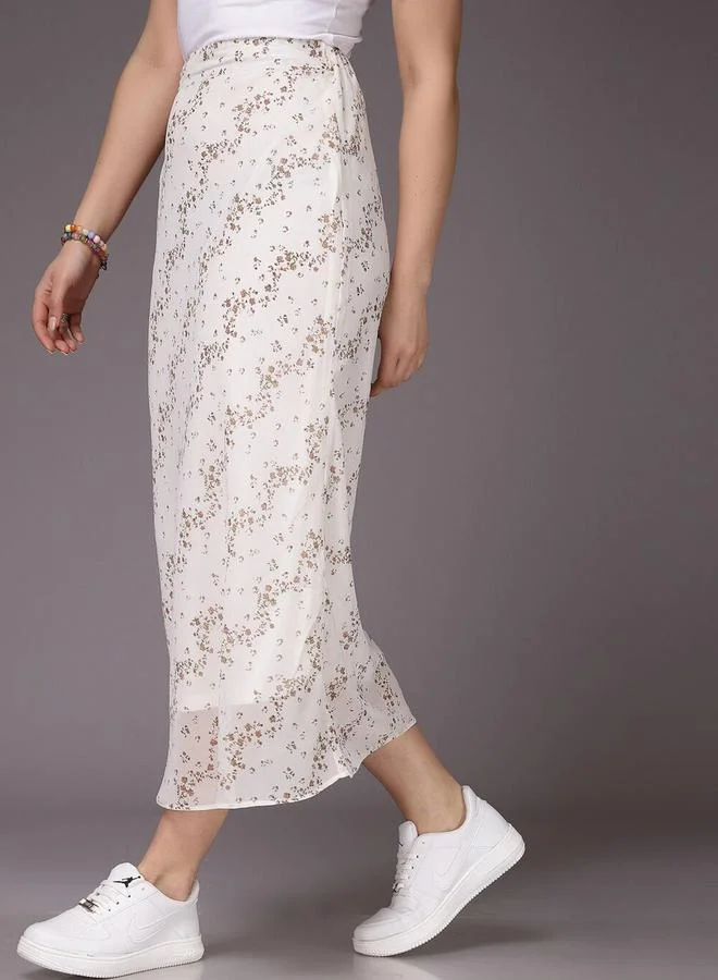 Freehand  White Fitted Ditsy Printed Midi Skirt for Women | Best Price UAE