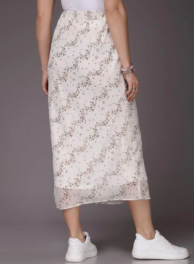 Freehand  White Fitted Ditsy Printed Midi Skirt for Women | Best Price UAE