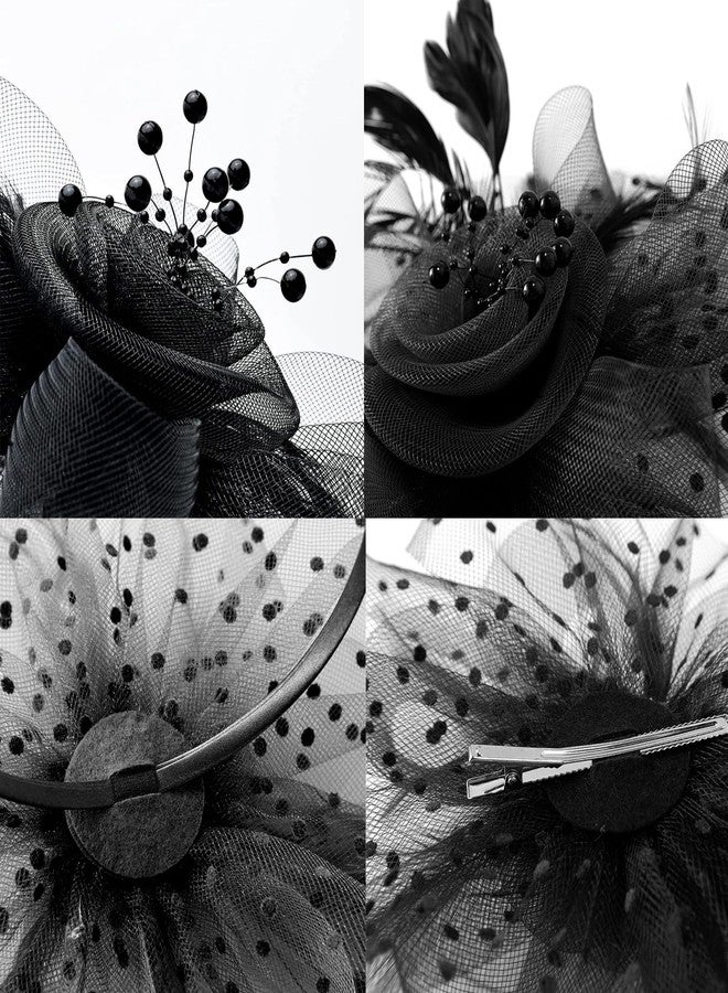 إيوهاك قبعة نسائية أنيقة لحفلات الشاي، غطاء رأس مستوحى من سباق كنتاكي ديربي، مزينة بمشبك، طرحة شبكية لحفلات الزفاف، لون أسود - Image 4