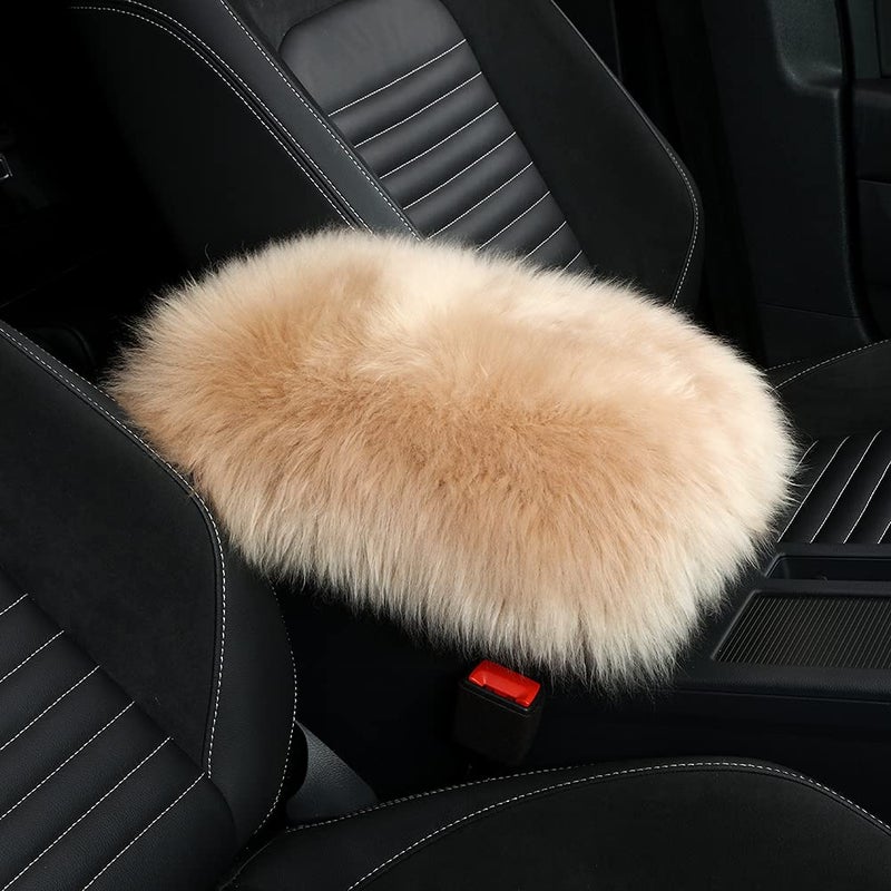LLB Auto Center Console Cover Pad Universal Fit for SUVTruckCar Genuine Sheepskin Wool Fur Car Armrest Seat Box Cover Furry Fluffy Auto Armrest Cover Protector Tan
