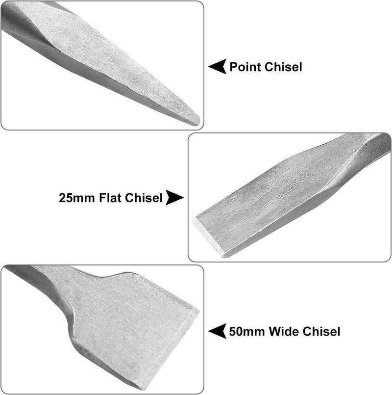 APACALI 6 Pcs SDS Max Bits Chisel Set Hammer Drill Chisel Set 3/4 inch Masonry Concrete Chisel Drill Bits, 11-inch Length Rotary Hammer Chisel Bits Including 50mm Wide Chisel, 25mm Flat Chisel, Point Chisel - Image 5