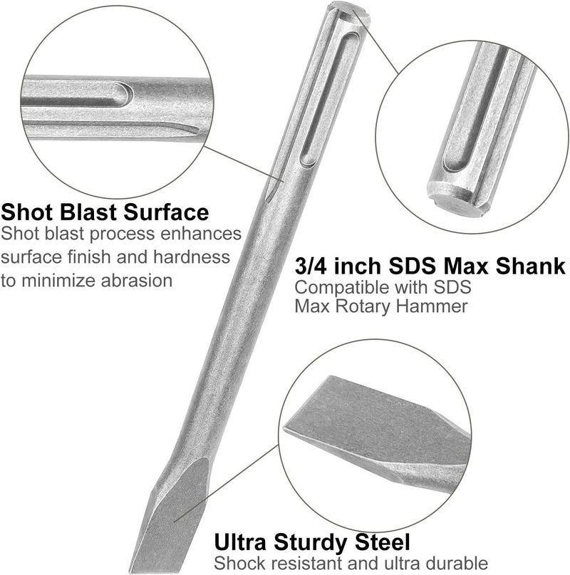 APACALI 6 Pcs SDS Max Bits Chisel Set Hammer Drill Chisel Set 3/4 inch Masonry Concrete Chisel Drill Bits, 11-inch Length Rotary Hammer Chisel Bits Including 50mm Wide Chisel, 25mm Flat Chisel, Point Chisel - Image 3