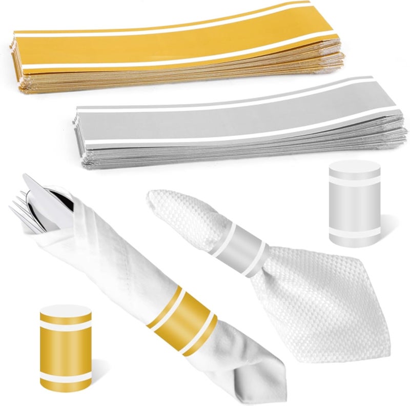 100 PCS (50 Gold + 50 Silver) Napkin Bands, Extended Size Self-Adhesive Paper Napkin Rings | Waterproof & Oilproof Silverware Wrap Bands for Table Settings â€“ Wedding, Event, Party Supplies