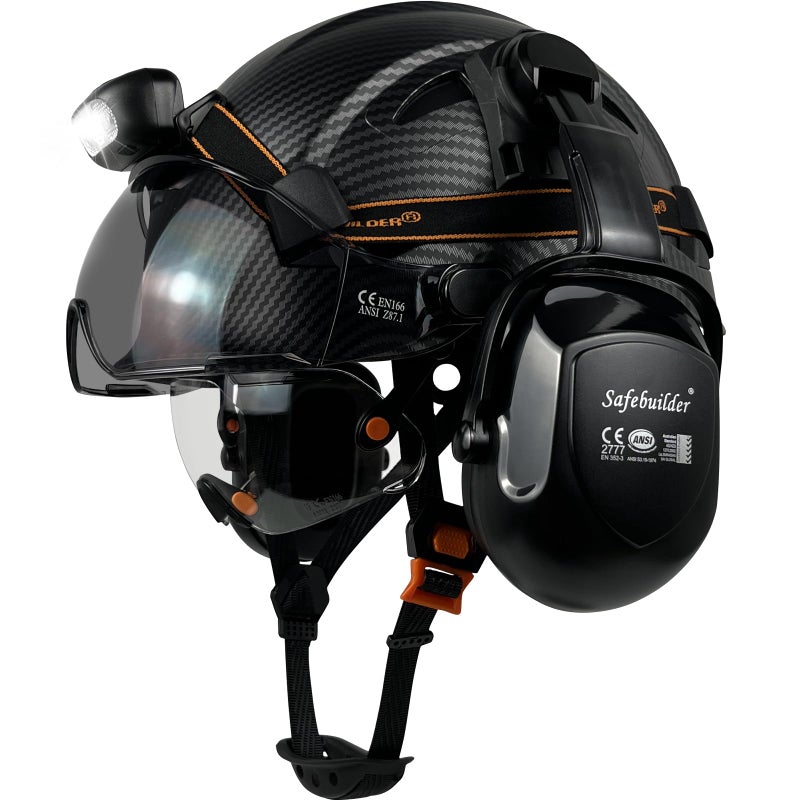 SAFEBUILDER Hard Hats with Headlight Safety Helmet with Visor Vented Adjustable Ear Muffs ANSI Z891 MTBKCSVB07ESL05E