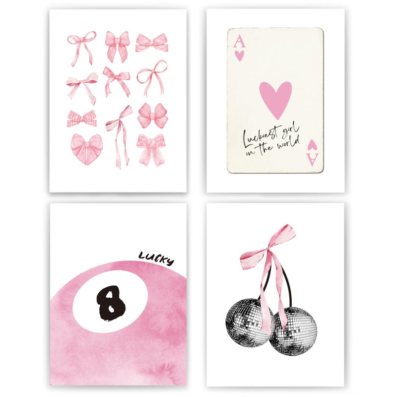 okaxscm Pink Coquette Trendy Preppy Wall Art Prints Set of 4 Coquette Room Decor Preppy Room Decor Aesthetic Pink Bow Disco 8 Ball Cherry Wall Decor Posters for Girls Bedroom Dorm 12x16 Unframed