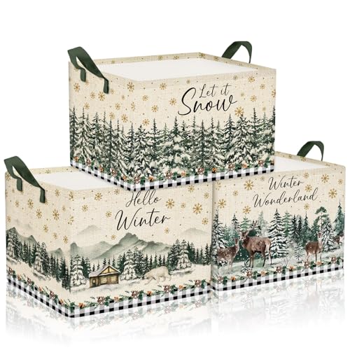 Geelin 3 Pcs Christmas Winter Baskets Wonderland Storage Basket for Gifts Collapsible Waterproof Canvas Xmas Reindeer Storage Bin Organizer with Handles for Book Closet Shelf Nursery Decor - Image 1