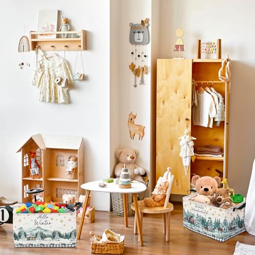 Geelin 3 Pcs Christmas Winter Baskets Wonderland Storage Basket for Gifts Collapsible Waterproof Canvas Xmas Reindeer Storage Bin Organizer with Handles for Book Closet Shelf Nursery Decor - Image 3