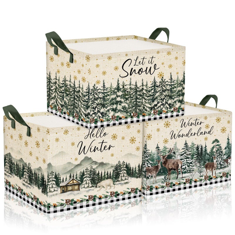 Geelin 3 Pcs Christmas Winter Baskets Wonderland Storage Basket for Gifts Collapsible Waterproof Canvas Xmas Reindeer Storage Bin Organizer with Handles for Book Closet Shelf Nursery Decor - Image 2