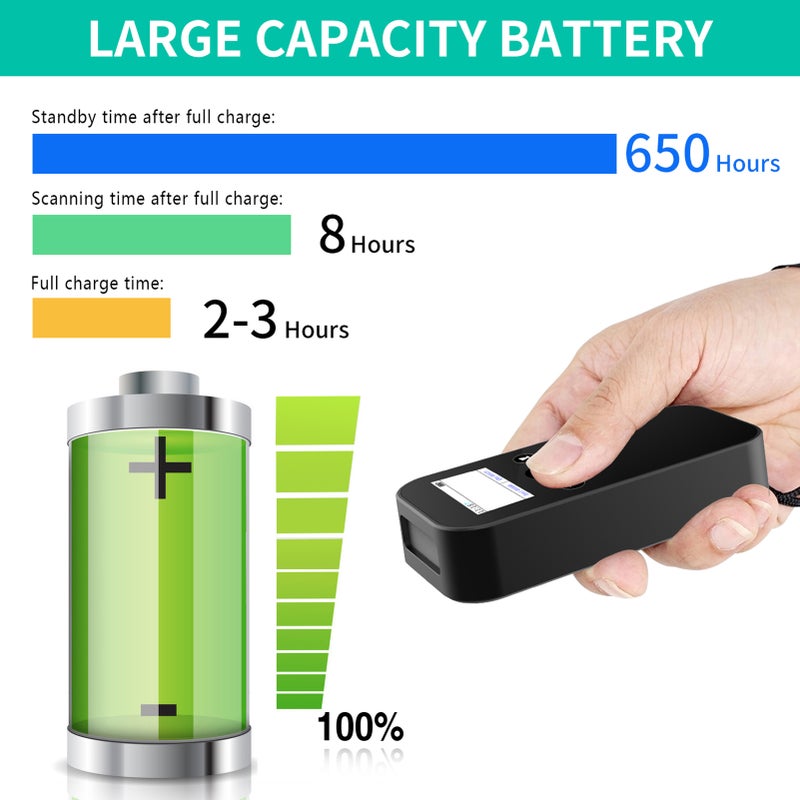 2D 1D Wireless USB 2.4G BT Barcode Scanner with Screen Display Handheld Bar Code Reader Battery Level Time Display Works Suitable for PC Moile Devices Warehouse Supermarket Library - Image 5
