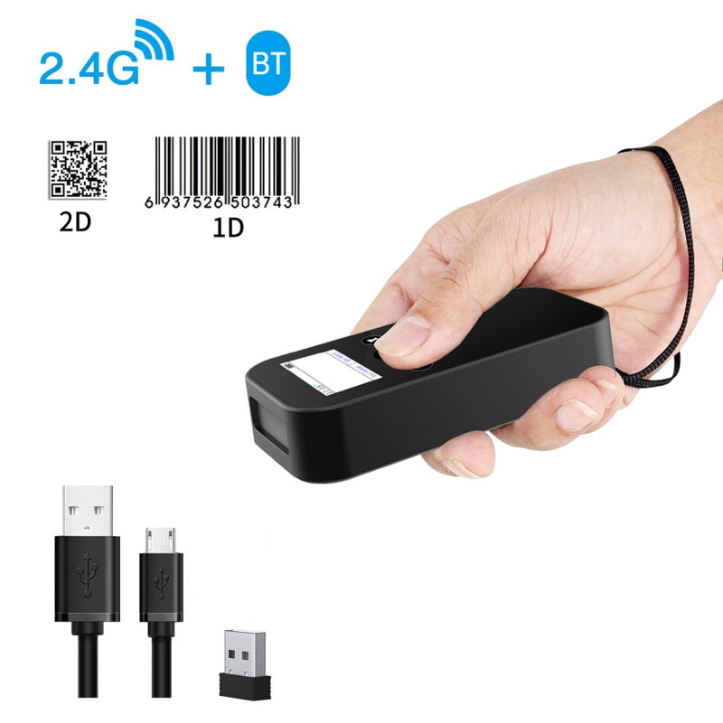 2D 1D Wireless USB 2.4G BT Barcode Scanner with Screen Display Handheld Bar Code Reader Battery Level Time Display Works Suitable for PC Moile Devices Warehouse Supermarket Library - Image 2