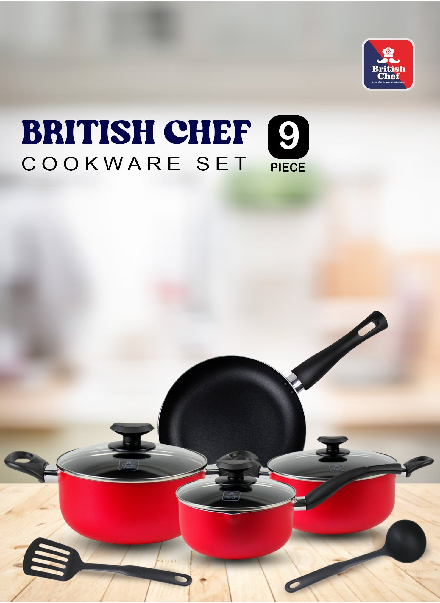 British Chef 9 Piece Nonstick Cookware Set,  Casserole + Lid, Saucepan + Lid, frypan, Nylon Turner, Nylon Ladle 