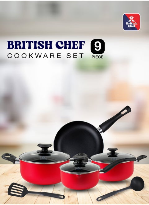 9 Piece Nonstick Cookware Set,  Casserole + Lid, Saucepan + Lid, frypan, Nylon Turner, Nylon Ladle