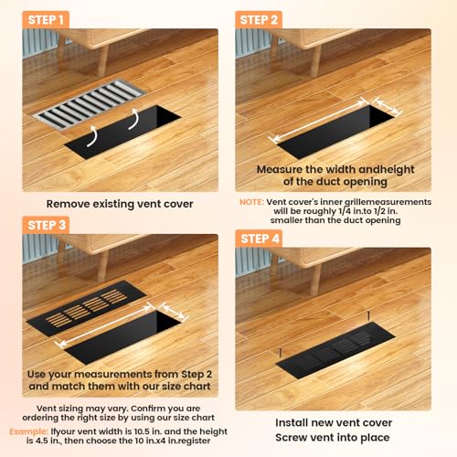 Geesatis Air Vent Covers for Floor, Cabinet, Wall, Ceiling – Heavy Duty Rust-Proof Aluminum Grille with Screws, 2 Pack, Black (9.8'' x 3.1'' Outer Size, Fits 8.58'' x 2.48" Duct Openings) - Image 4
