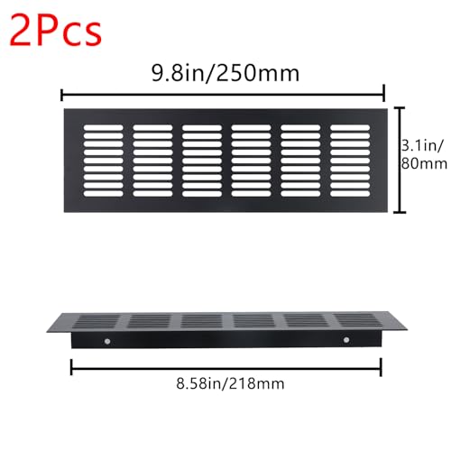 Geesatis Air Vent Covers for Floor, Cabinet, Wall, Ceiling – Heavy Duty Rust-Proof Aluminum Grille with Screws, 2 Pack, Black (9.8'' x 3.1'' Outer Size, Fits 8.58'' x 2.48" Duct Openings) - Image 2