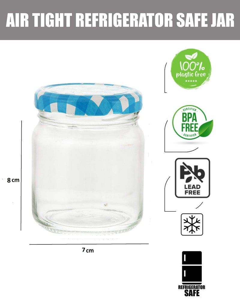 Machak Round Glass Jar For Kitchen Storage Airtight Set of 4, 200ml, With Blue Lid - Image 2