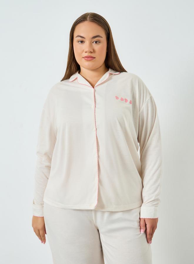 Styli Plus Size Cream Heart Printed Shirt and Pyjama Set - Image 3