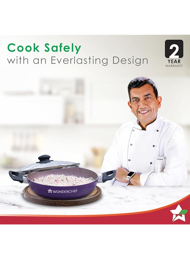 Wonderchef Valencia Non Stick Kadhai With Glass Lid | Cool Touch Bakelite Handles | Pure Grade Aluminium| Pfoa Free|2 Litres Capacity | Size 24 Cm Kadai | 1 Year Warranty | Purple - Image 2