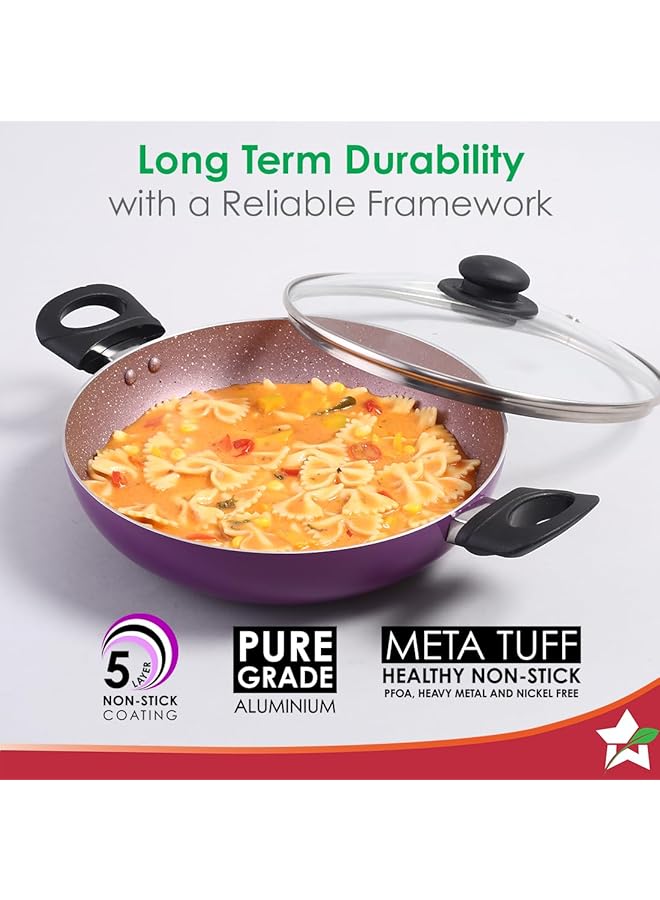 Wonderchef Valencia Non Stick Kadhai With Glass Lid | Cool Touch Bakelite Handles | Pure Grade Aluminium| Pfoa Free|2 Litres Capacity | Size 24 Cm Kadai | 1 Year Warranty | Purple - Image 3