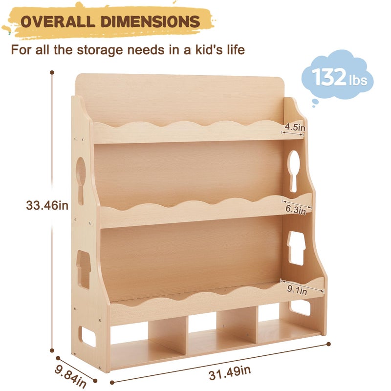 Himold Wooden Kids Bookshelf, Book Shelf for Kids Rooms w/Scalloped Edges, Durable Childrens Bookshelf with 3 Cube Bins for Books & Toys - Toddler Montessori Bookcase Nursery - Image 2