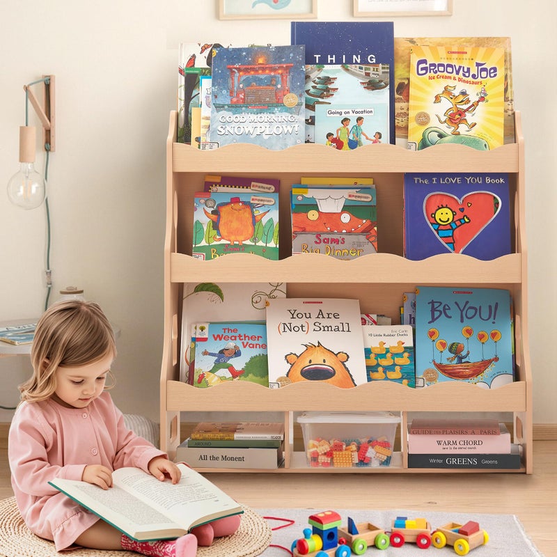 Himold Wooden Kids Bookshelf, Book Shelf for Kids Rooms w/Scalloped Edges, Durable Childrens Bookshelf with 3 Cube Bins for Books & Toys - Toddler Montessori Bookcase Nursery - Image 1