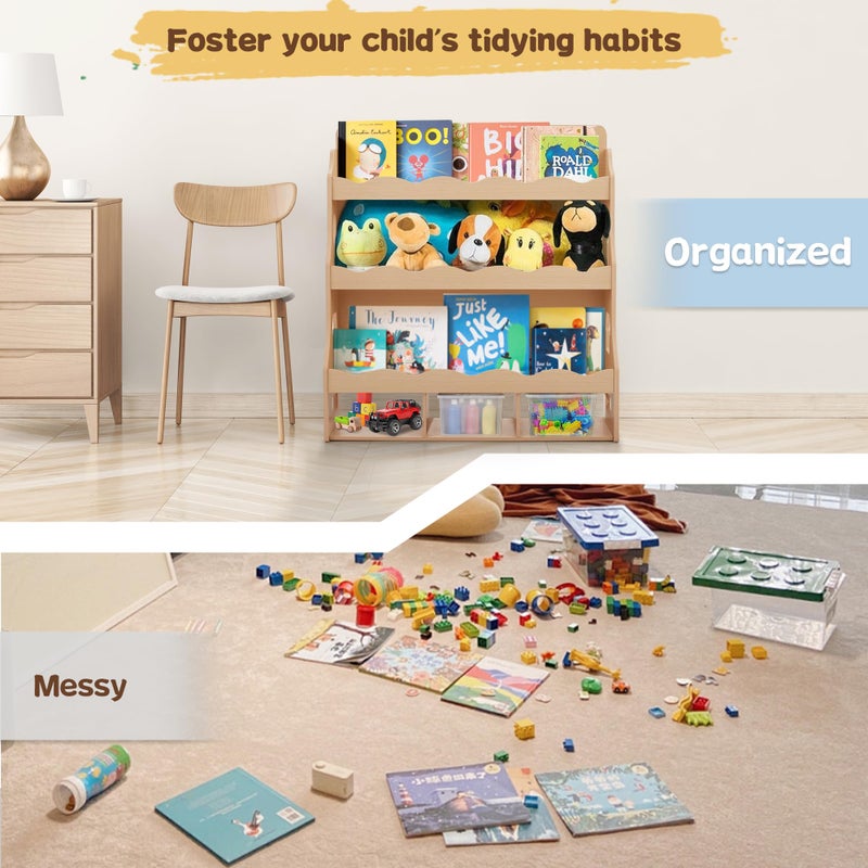 Himold Wooden Kids Bookshelf, Book Shelf for Kids Rooms w/Scalloped Edges, Durable Childrens Bookshelf with 3 Cube Bins for Books & Toys - Toddler Montessori Bookcase Nursery - Image 5