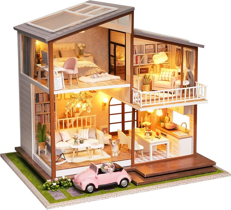 Spilay سبيلاي بيت دمى مصغر DIY مع أثاث خشبي، مجموعة بيت الدمى DIY موديل فيلا كبير مع ضوء LED وصندوق موسيقى، مقياس 1:24 هدية غرفة إبداعية للبالغين والمراهقين (وقت بطيء) - Image 1