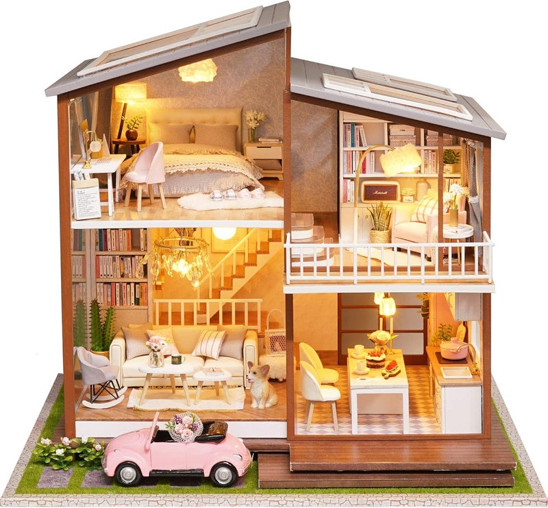 Spilay سبيلاي بيت دمى مصغر DIY مع أثاث خشبي، مجموعة بيت الدمى DIY موديل فيلا كبير مع ضوء LED وصندوق موسيقى، مقياس 1:24 هدية غرفة إبداعية للبالغين والمراهقين (وقت بطيء) - Image 3