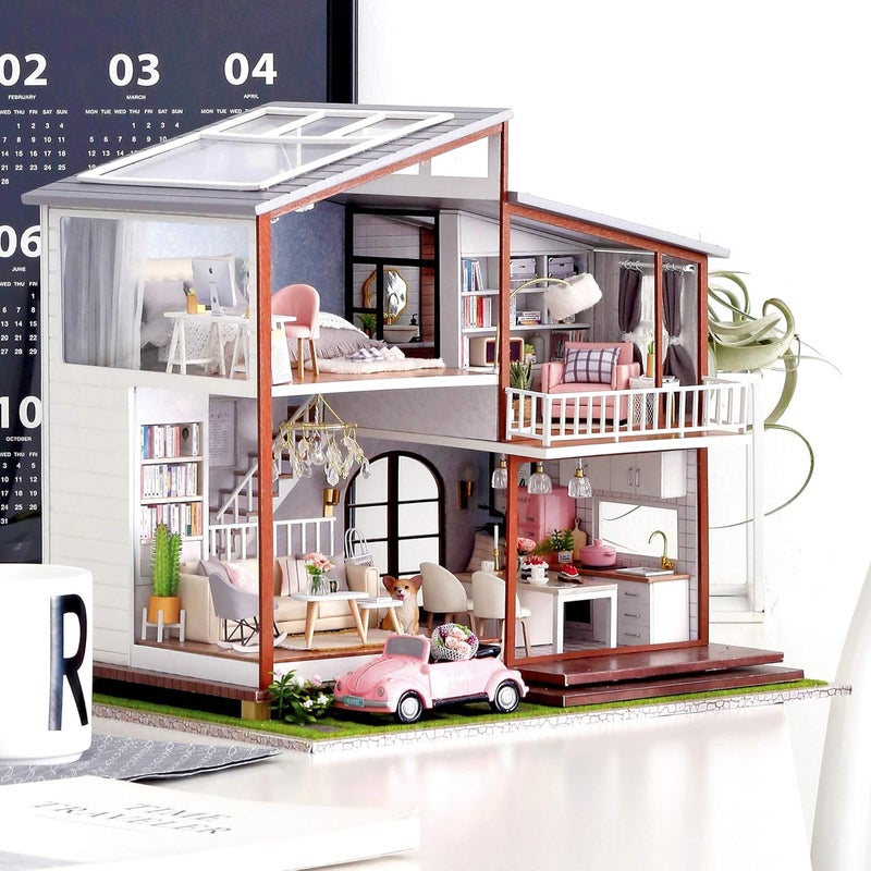 Spilay سبيلاي بيت دمى مصغر DIY مع أثاث خشبي، مجموعة بيت الدمى DIY موديل فيلا كبير مع ضوء LED وصندوق موسيقى، مقياس 1:24 هدية غرفة إبداعية للبالغين والمراهقين (وقت بطيء) - Image 4