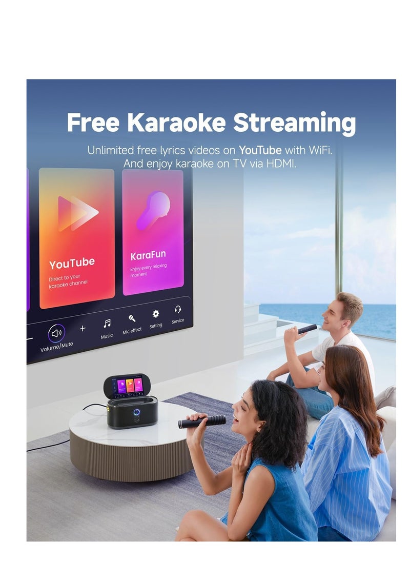 Smart Karaoke Machine Built-in 10.1 Screen Lyrics Display for Adults Kids 2 Auto Charging Wireless Microphones, Portable Bluetooth Speaker PA System with WiFi HDMI for Home TV Outdoor Party