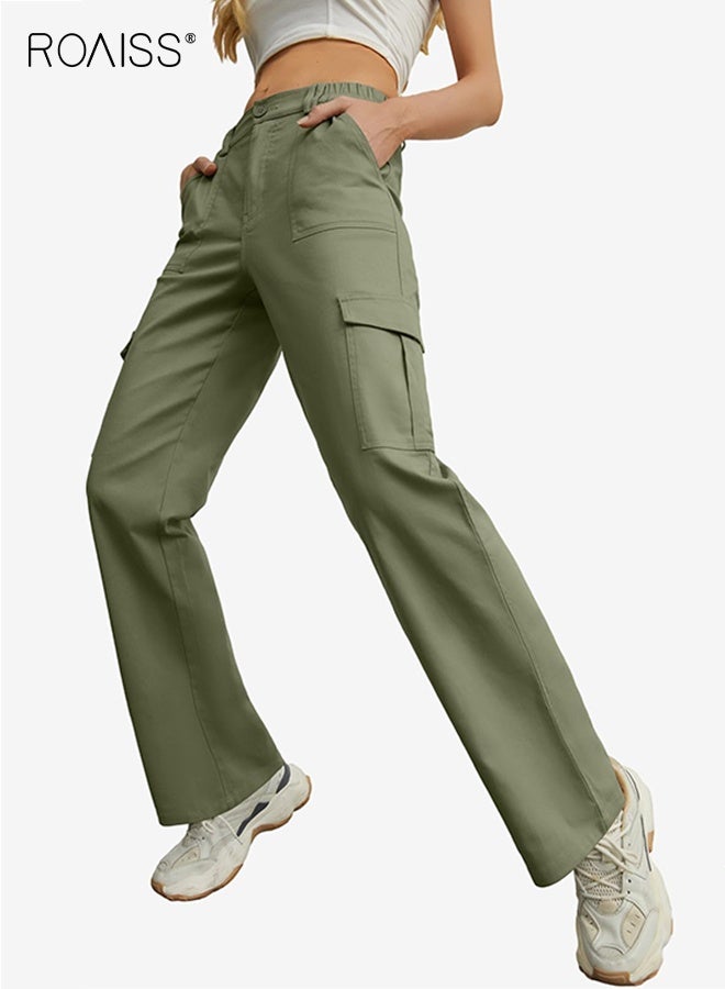 رويس بنطلون نسائي كاجوال بخصر مرتفع، فضفاض، واسع الساقين، مناسب للشارع، مناسب للصيف، مع 6 جيوب، بنطلون مستقيم مغسول، كاجوال، سادة - Image 4
