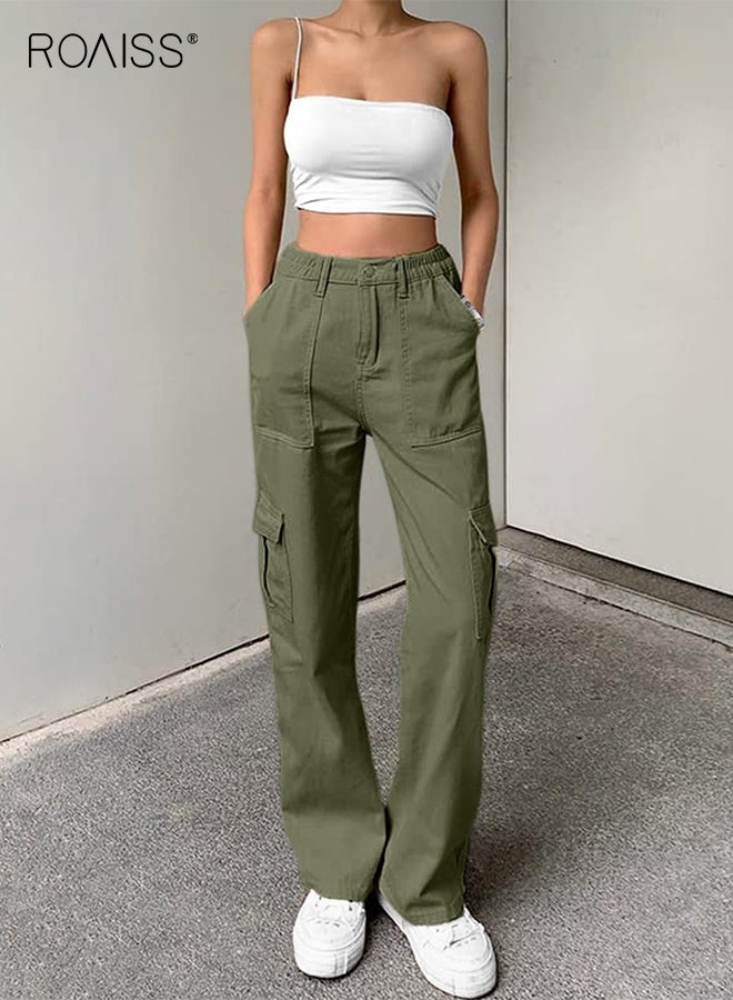 رويس بنطلون نسائي كاجوال بخصر مرتفع، فضفاض، واسع الساقين، مناسب للشارع، مناسب للصيف، مع 6 جيوب، بنطلون مستقيم مغسول، كاجوال، سادة - Image 1