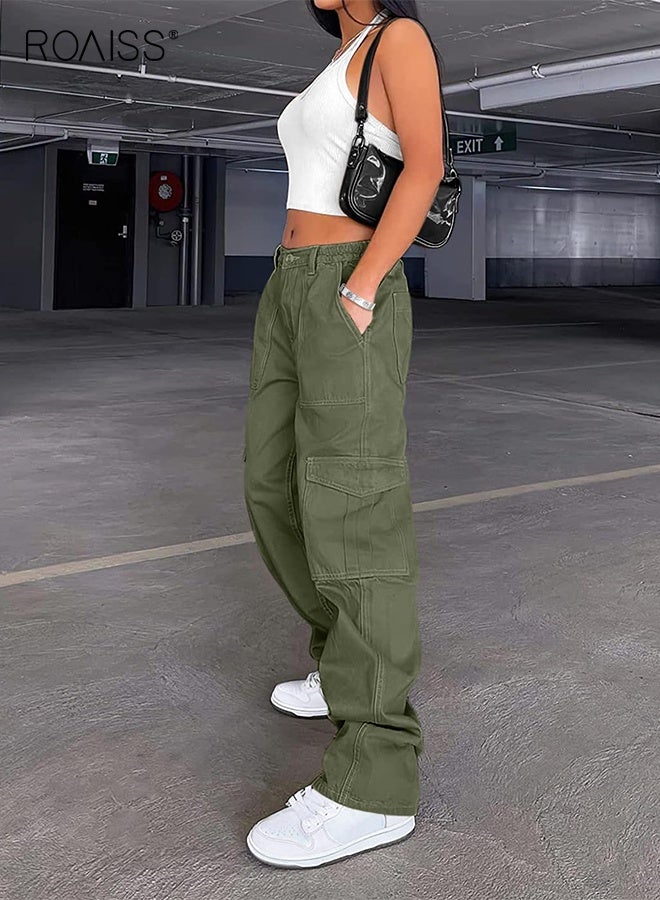 رويس بنطلون نسائي كاجوال بخصر مرتفع، فضفاض، واسع الساقين، مناسب للشارع، مناسب للصيف، مع 6 جيوب، بنطلون مستقيم مغسول، كاجوال، سادة - Image 2