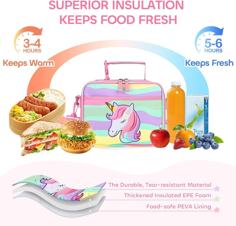 Vaschy Lunch Box Bag for Kids, Reusable Insulated Lunch Box Containers Coolers for Toddler Boys and Girls with Detachable Shoulder Strap for Daycare School Rainbow Unicorn - Image 3