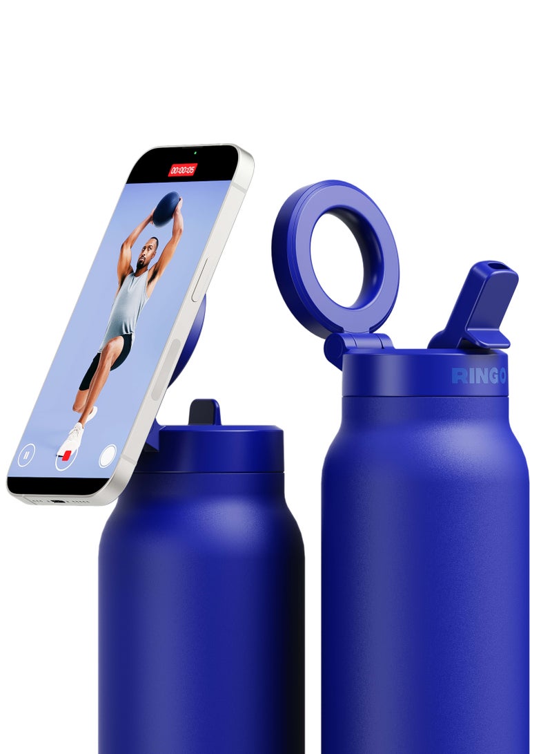 Ringo Pro Water Bottle with Sip Straw Lid | Stainless Steel Hydration Bottle w/ Integrated Magnetic Phone Mount, 12Hrs Hot/24Hrs Cold, BPA-Free, Works w/ Phones & Tablets - Blue 24Oz / 710ml - Image 5