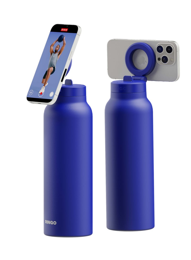 Ringo Pro Water Bottle with Sip Straw Lid | Stainless Steel Hydration Bottle w/ Integrated Magnetic Phone Mount, 12Hrs Hot/24Hrs Cold, BPA-Free, Works w/ Phones & Tablets - Blue 24Oz / 710ml - Image 2
