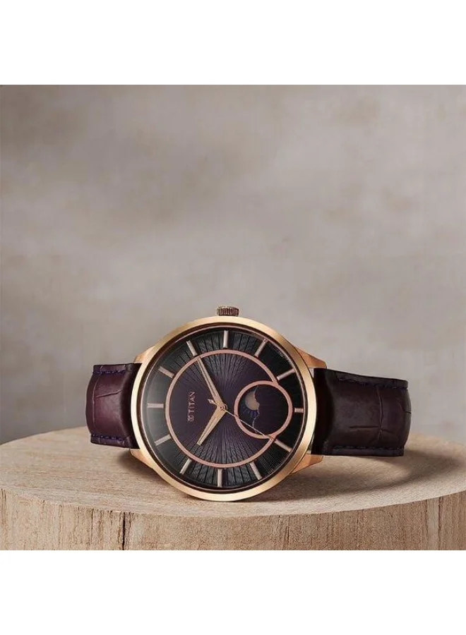تيتان Stellar Caelum Quartz Analog Sun Moon Phase Purple Dial Purple Leather Strap Watch for Men - 10028WL01