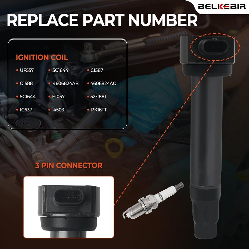 BELKEBIR Set of 4 Ignition Coil Packs & Iridium Spark Plugs Compatible with 2007-2017 Jeep Compass Patriot 2.0L 2.4L, Chrysler 200 Sebring 2.4L, Dodge Avenger Journey Caliber 1.8L 2.0L 2.4L Replace UF557 C1587 - Image 3
