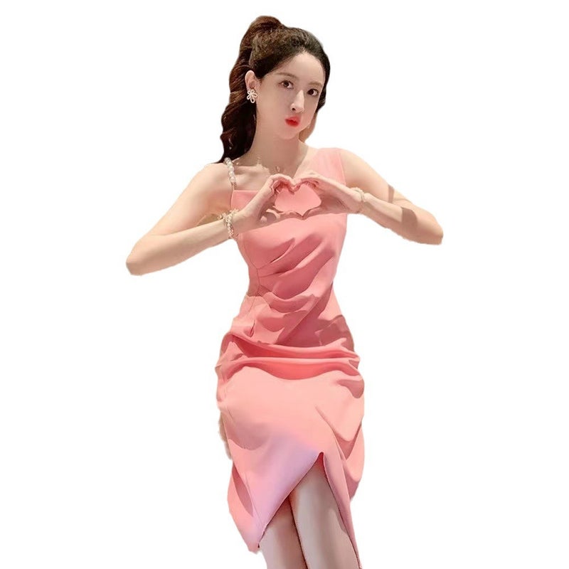 2024 Summer Pink Slip Dress Feminine Slim-fit Midi Pink - Image 3