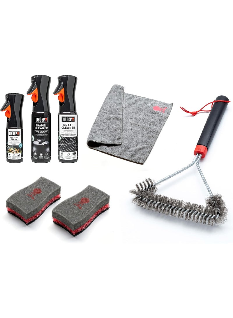 ويبر طقم تنظيف شواية الفحم يتضمن منظف شبكة الشواء والمينا - بخاخ مانع للالتصاق سعة 300 مل، وفرشاة ثلاثية الجوانب سعة 200 مل، وقطعة قماش من الألياف الدقيقة، وإسفنجتين مزدوجتي الجوانب. - Image 4
