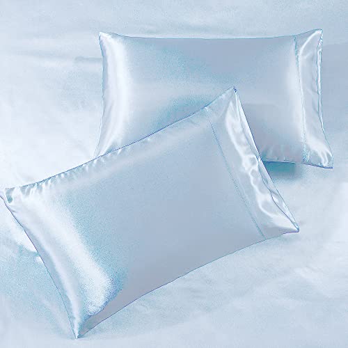 Pure Bedding Satin Sheets Full Hotel Luxury Silky Bed Sheets - Extra Soft 1800 Microfiber Sheet Set, Wrinkle, Fade, Stain Resistant - Deep Pocket Fitted Flat Sheet, Pillow Cases (4-Piece, Baby Blue) - Image 2