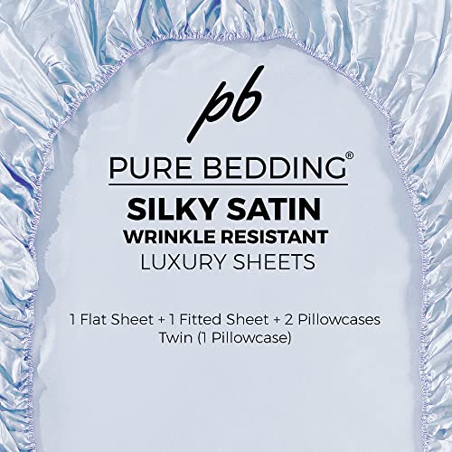 Pure Bedding Satin Sheets Full Hotel Luxury Silky Bed Sheets - Extra Soft 1800 Microfiber Sheet Set, Wrinkle, Fade, Stain Resistant - Deep Pocket Fitted Flat Sheet, Pillow Cases (4-Piece, Baby Blue) - Image 5